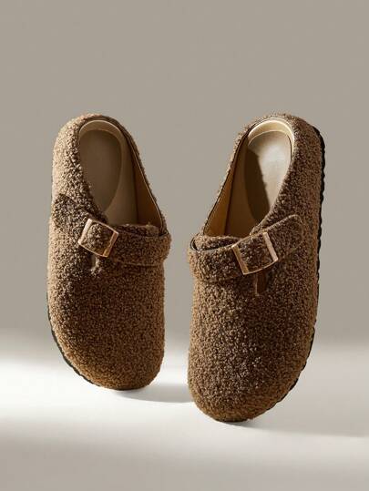 Solecia 女士圆形平底杏色鞋头一脚蹬毛绒拖鞋，带扣装饰，适合室内和室外，适合暑假鞋，夏季促销，返校鞋，大学生鞋，圣诞节，秋季，新年假期