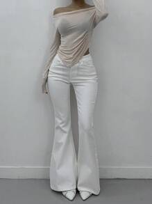 DAZY Women Solid Color Pocket Casual Flared Jeans - White - View 4