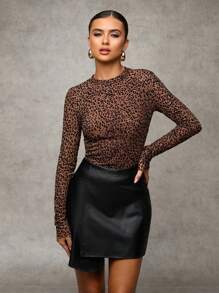 SHEIN BAE Women Leopard Print Flock Fitted Long Sleeve Blouse