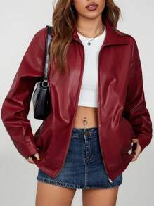 SHEIN PETITE Drop Shoulder Zip Up Black PU Jacket - Burgundy - View 1