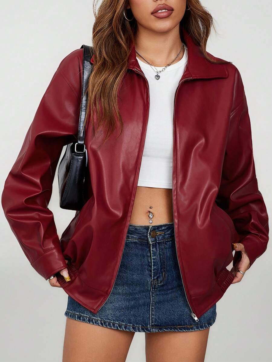 SHEIN PETITE Drop Shoulder Zip Up Black PU Jacket - Burgundy - View 1