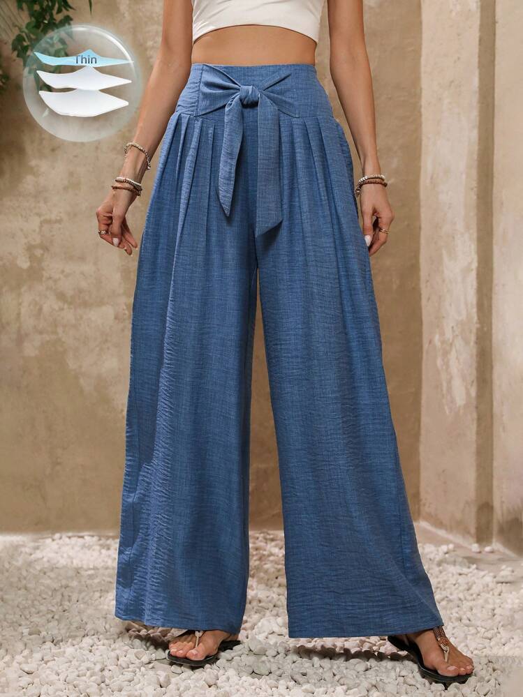 SHEIN Clasi Women's Fashion Wide-Leg Pants With Bow Detail Fall Cloth For Women - Blue - View 1