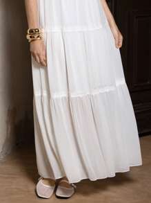 VERO DIAZ 设计师优雅白色雪纺蕾丝边吊带层长款太阳裙、假日、春夏、节日、婚礼、舞会礼服 - 白色 - 查看 4