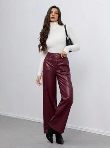 SHEIN Tall CURVE 大码女式复古直筒 PU 皮裤 - 酒紅色 - 查看 6