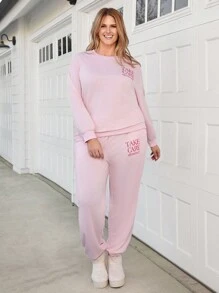 SHEIN LUNE Conjunto de 2 piezas de sudadera y pantalón de chándal con estampado de letras y cuello redondo para mujer talla grande, conjunto de atuendo de otoño/invierno y vacaciones