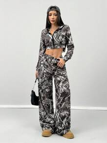 Coolane Conjunto de sudadera de manga larga y pantalón de chándal de camuflaje para mujer para otoño e invierno - Multicolor - Ver 5