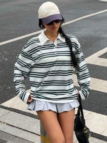 Muchica Women's Casual Everyday Green Stripe Print Polo Neck Long Sleeve Knit T-Shirt, Spring/Autumn