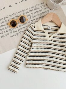 SHEIN LMoss Kids 女婴马球领条纹短款 T 恤，女童秋季休闲日常装 - 杏色 - 查看 5