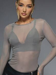 MISSGUIDED Sleek Mesh Long Sleeve Bodysuit Sheer Overlay Ballet Top With Built In Bustier Lingerie Base Layer Winter Performance - Grey - View 3