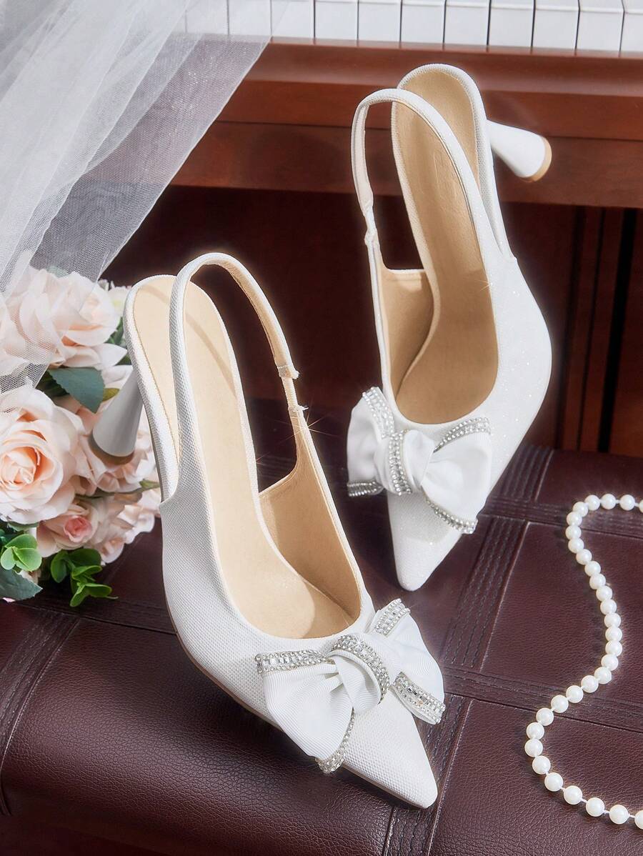 CUCCOO HITCHD White Crystal Bow Pointed Toe High Heel Pumps, Elegant For Commute, Date, Wedding, Party Spring Shoes Spring Break Easter Prom Heels