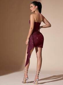 SHEIN BAE Women's Shiny Ruched Flounce Fish Bone Bandeau Mini Dress, Suitable For Vacation Party