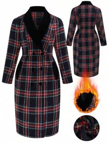 Flirla Plus Size Elegant Vintage Long Plaid Patchwork Warm Overcoat, For Winter