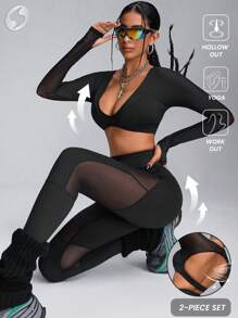 Innovista Women Plain V-Neck Long Sleeve Top With Mesh Contrast Pants, Sports Suit - Black - View 1