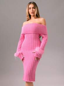 Zolique Women Light Pink Autumn Elegant Party Cold Shoulder Ribbed Feather Plush Splicing Tight Long Dress Sweater Dress,Winter Club Holiday Outfits - Pink - View 4