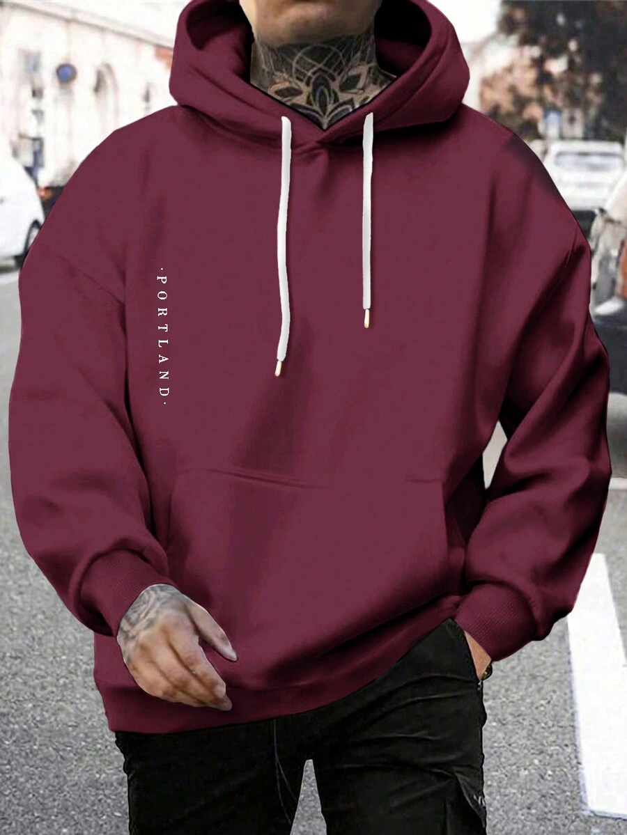 EURMUSE Cotton Men Letter Printed Regular Hoodie Sweatshirt - Burgundy - View 1