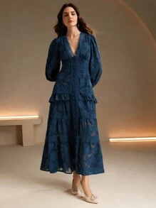 Anewsta 女士奢华新年圣诞连衣裙，优雅派对礼服，感恩节服装，法式褶皱V领泡泡袖修身连衣裙 - 藏蓝色 - 查看 7