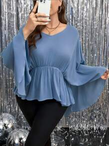 SHEIN LUNE Plus Size Exaggerated Ruffle Sleeve Cinched Waist Concealing Top Blouse Thanksgiving Women New Years