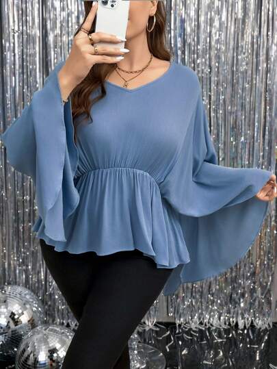 SHEIN LUNE Plus Size Exaggerated Ruffle Sleeve Cinched Waist Concealing Top Blouse Thanksgiving Women New Years