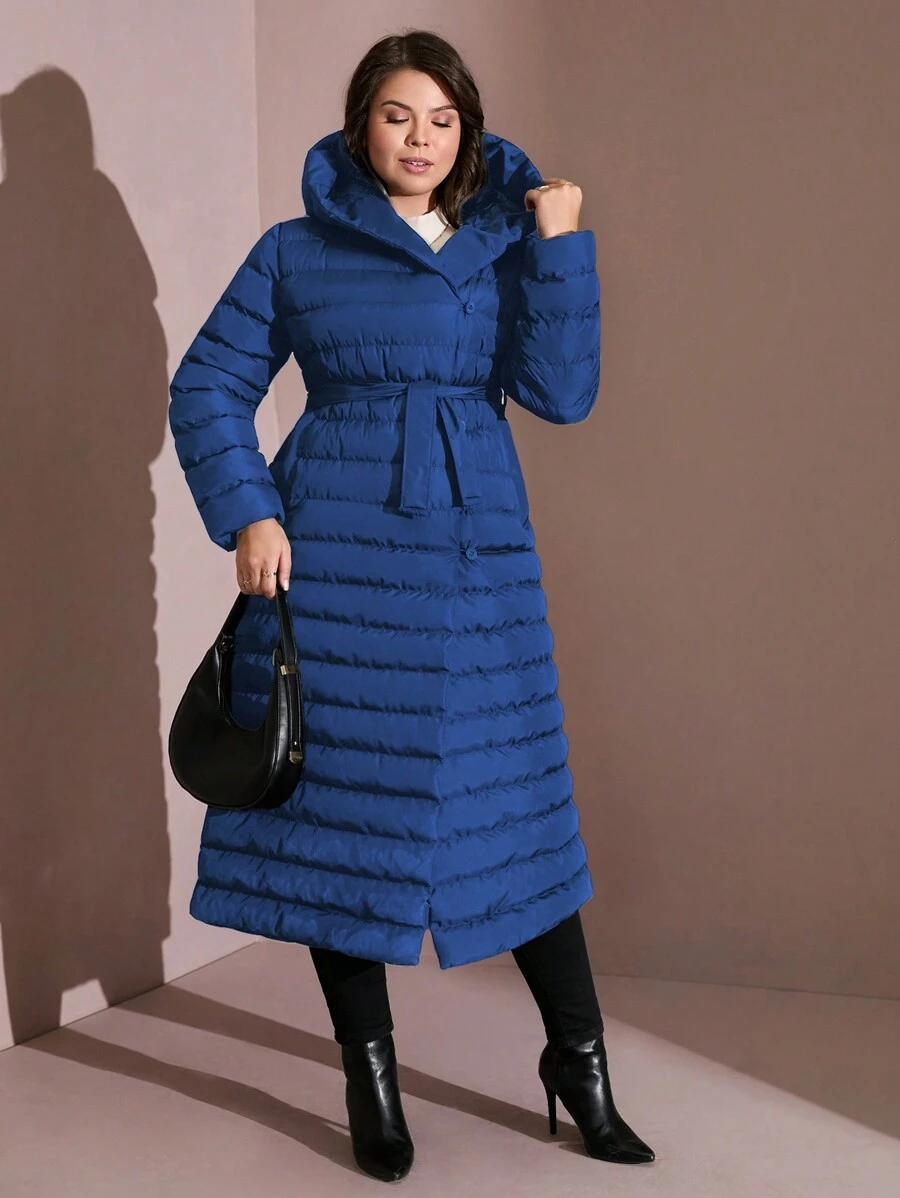 RueChic Women's Plus Hooded Longline Puffer Thick Pockets Belted Buttoned Winter Coat - Navy Blue - View 1