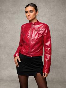 SHEIN BAE 女士夹克 勃艮第冬季女士皮革夹克 女士外套 秋季女装 拉链装饰纹理 复古勃艮第 PU 女士夹克 冬季加厚保暖夹克 短款皮夹克 - 紅色 - 查看 6