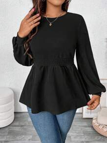 SHEIN VCAY 大码黑色露肩收褶下摆长袖 T 恤，休闲宽松针织上衣，适合度假