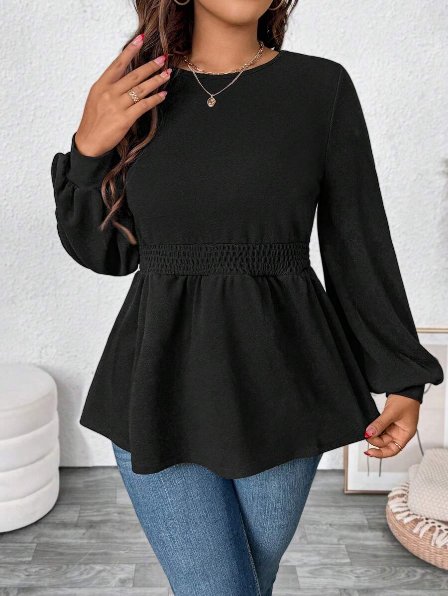 SHEIN VCAY 大码黑色露肩收褶下摆长袖 T 恤，休闲宽松针织上衣，适合度假