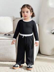 Baby Girl Matching Sets, Mom & Me, Ribbed Knit Color Block Long Sleeve Crew Neck Crop Top With Wide Leg Knit Pants - Black - View 4