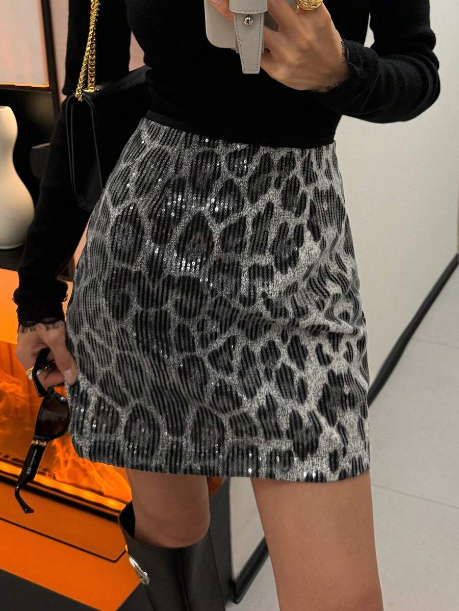 DAZY 女士豹纹亮片装饰半身裙，适合春夏季、情人节、中国新年猎豹印花秋冬季 - 彩色 - 查看 1