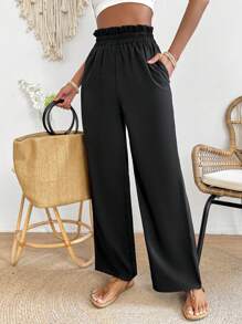 SHEIN PETITE Women's Paper Bag Waist Straight Trousers