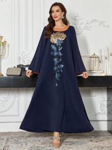 Al Najma 亮片玫瑰花卉撞色喇叭袖阿拉伯连衣裙，秋冬，端庄 - 彩色 - 查看 5