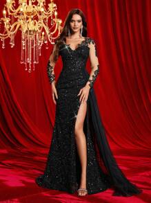 Glamrae Vestido Fishtail de Manga Longa Transparente com Flores de Pérolas Falsas e Tule, Elegante e Luxuoso, Adequado para Casamento, Festa, Banquete, Feriado (Design Muito Bordado), Vestido de Convidada de Casamento, Vestido Formal, Vestido de Festa, Vestido de Gala - Preto - Visão 1