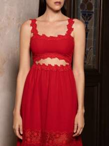 VERO DIAZ Designer Red Chiffon Contrast Lace Cut Out Long Party Dress Outfit, Going Out, Spring, Festival, Rave Outfits Festival - Red - View 5