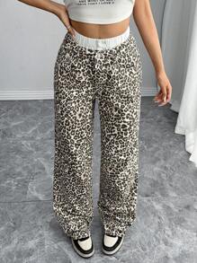 SHEIN SXY Women's Casual Leopard Patchwork Waist Wide Leg Loose Fit Low Waist Denim Jeans, Versatile Streetwear For All Seasons