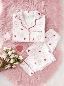 2 piezas Conjunto de pijama elegante con estampado de letras y corazones de satén suave y cómodo para niña preadolescente, pantalón largo y manga larga
