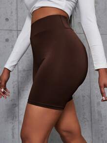SHEIN Unity Wideband Waist Solid Cycling Shorts - Coffee Brown - View 4