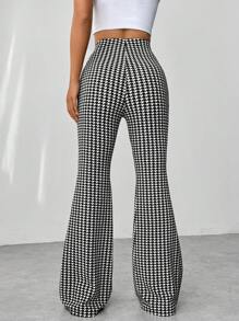 SHEIN Unity Black And White Houndstooth Pattern Flare Pants Fall Cloth For Women - Black and White - View 2