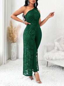 SHEIN Lady One Shoulder Royal Blue Contrast Lace Women's Jumpsuit Spring And Summer Casual Elegant Work - Dark Green - View 4
