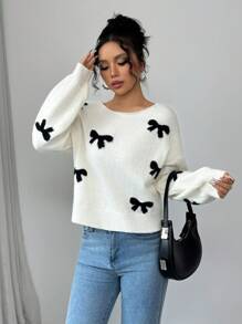 SHEIN Frenchy Women's Elegant Bow Decor Sweater, Autumn/Winter French Elegant Bow Pattern Back Tie Long Sleeve Sweater   Bow Sweater  Winter Sweater Warm Sweater