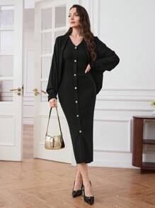 Modelyn 2 Pieces Set: Waist-Cinched Halter Neck Dress & Short Cardigan Outerwear, Elegant 2 Pieces Set - Black - View 6