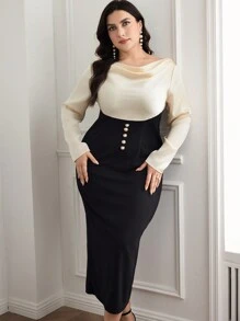 Seusyu Plus Size Women Front Button Long Sleeve Casual Arabian Dress, Solid Color Patchwork - Black and White - View 4