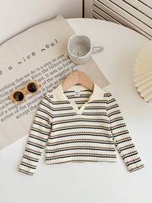 SHEIN LMoss Kids 女婴马球领条纹短款 T 恤，女童秋季休闲日常装 - 杏色 - 查看 3