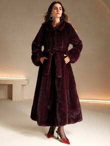 Anewsta 秋冬新款人造皮草大衣，优雅女士长款皮草夹克，简约时尚外套 - 酒紅色 - 查看 4