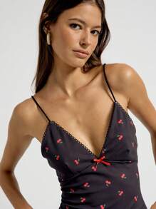 AiiRZ Valentines Cherry Printed Bow Detail Bust Cami Top - Black - View 3