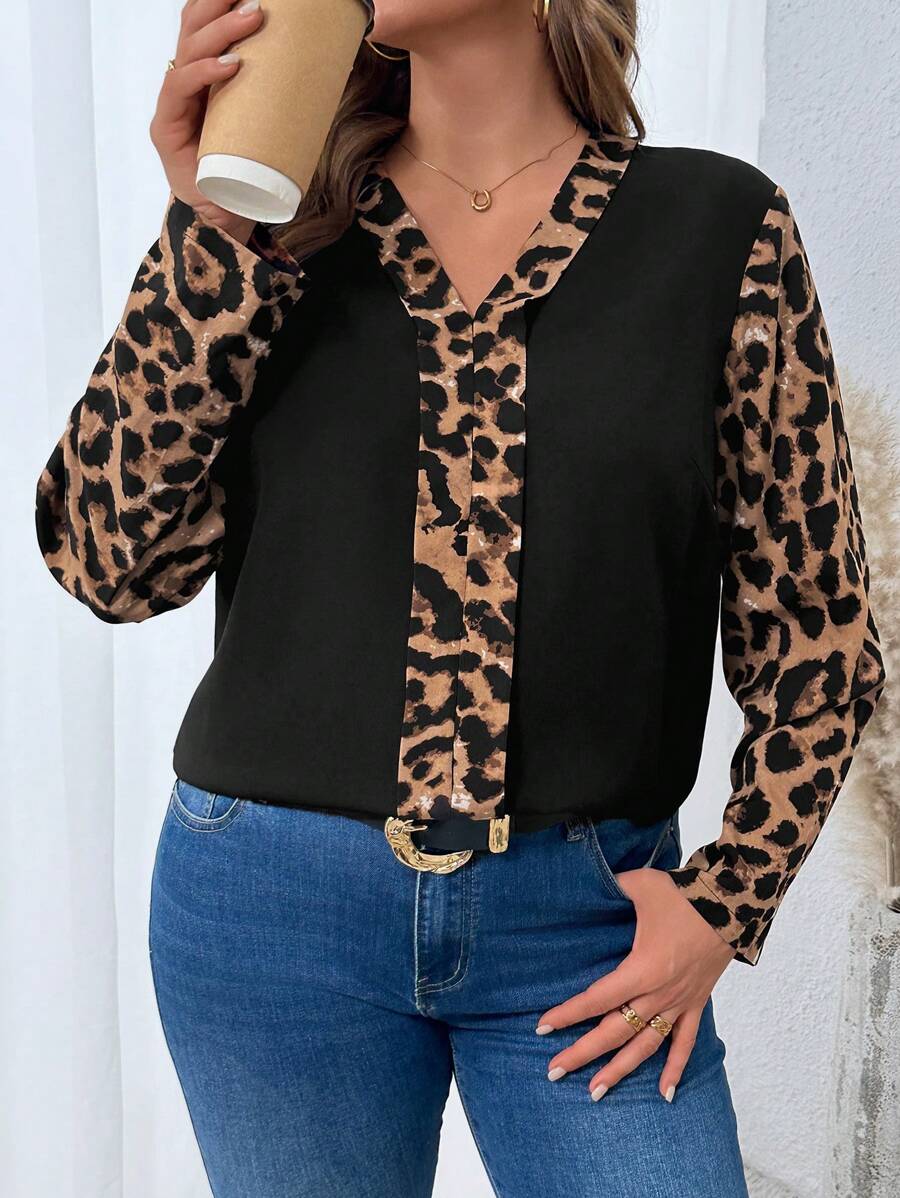 SHEIN Plus Size Solid Color Patchwork Leopard Print Collar Long Casual Regular Shirt, Spring/Autumn - Multicolor - View 1