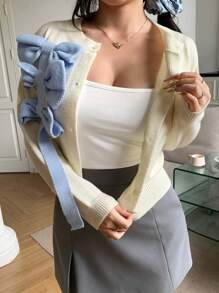 SHEIN MOD Cárdigan informal con bloques de color y decoración de lazo, otoño