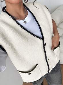 Chiquease Chaqueta casual sencilla de mujer con bolsillo delantero con botones y parche de unicolor - Albaricoque - Ver 1