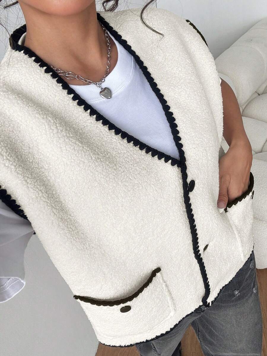Chiquease Chaqueta casual sencilla de mujer con bolsillo delantero con botones y parche de unicolor - Albaricoque - Ver 1
