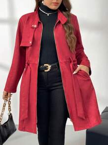 SHEIN Privé Cardigan Wanita Ukuran Plus Elegan untuk Berpergian, Resleting Depan, Sabuk Pinggang, Saku Pinggang, Hangat, Panjang Sedang - Burgundy - View 2
