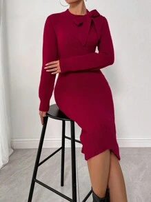Zolique Gaun Sweater Wanita Kasual Warna Polos dengan Kerah Ikat, Cocok untuk Musim Gugur/Musim Dingin, Pakaian Tahun Baru, Pakaian Musim Gugur untuk Wanita - Merah - View 3