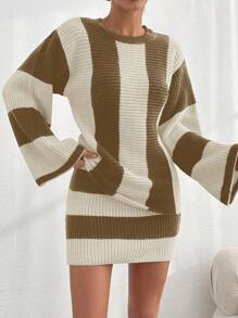 EURMUSE Women Striped Knit Design Oversize Sweater And Knit Skirt Set - Brown - View 6